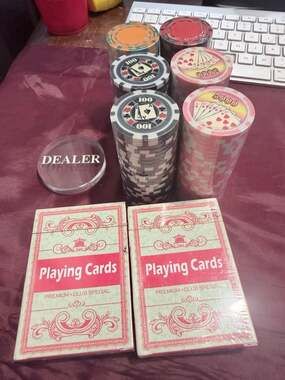 Casino Poker Chips and Dealer Button Set with Playing Cards